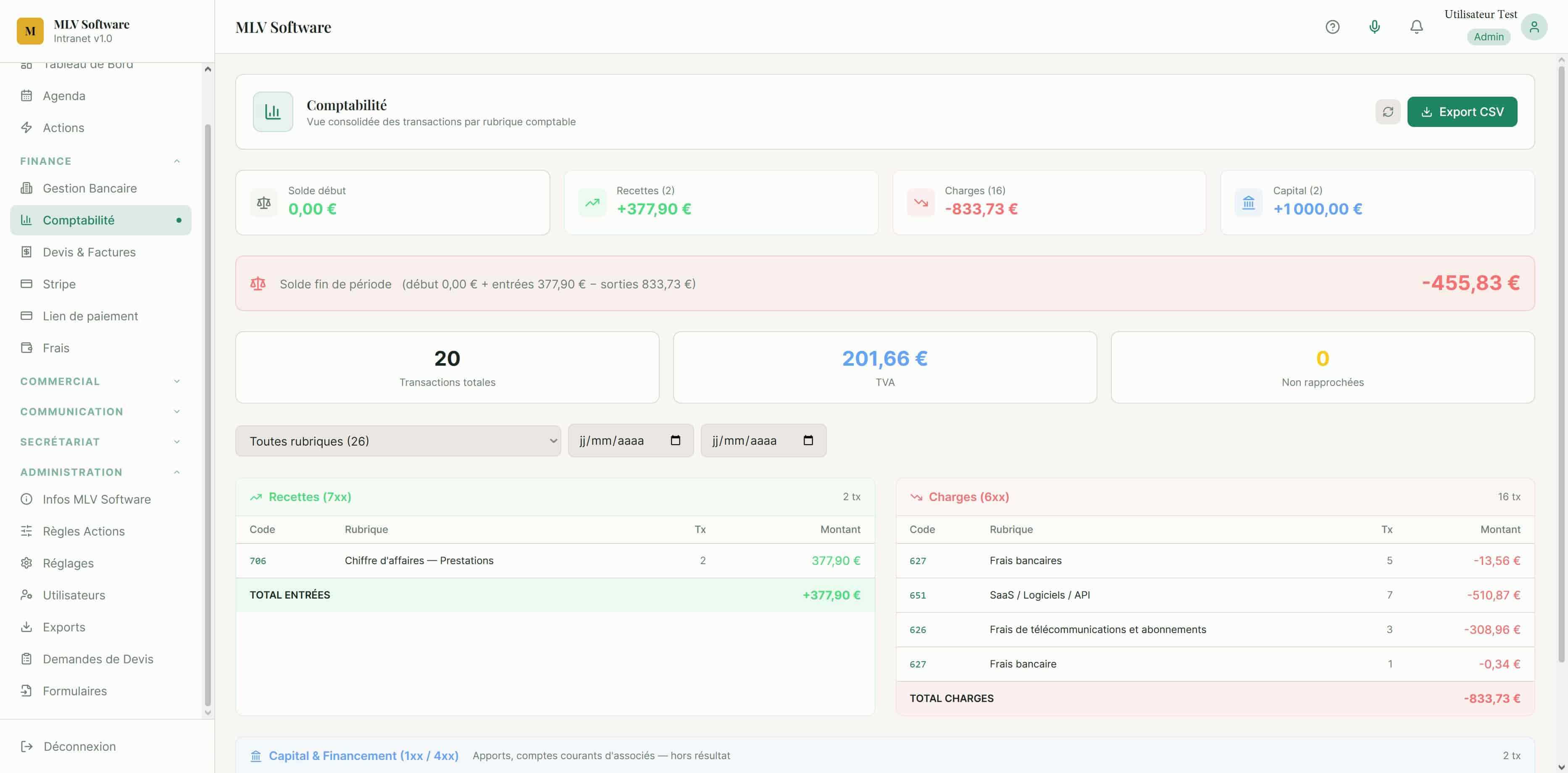 Vue Comptabilité MLV Software : 26 rubriques selon le plan comptable général français, recettes 7xx, charges 6xx, capital et financement 1xx et 4xx, TVA calculée automatiquement, export CSV, rapprochement bancaire.