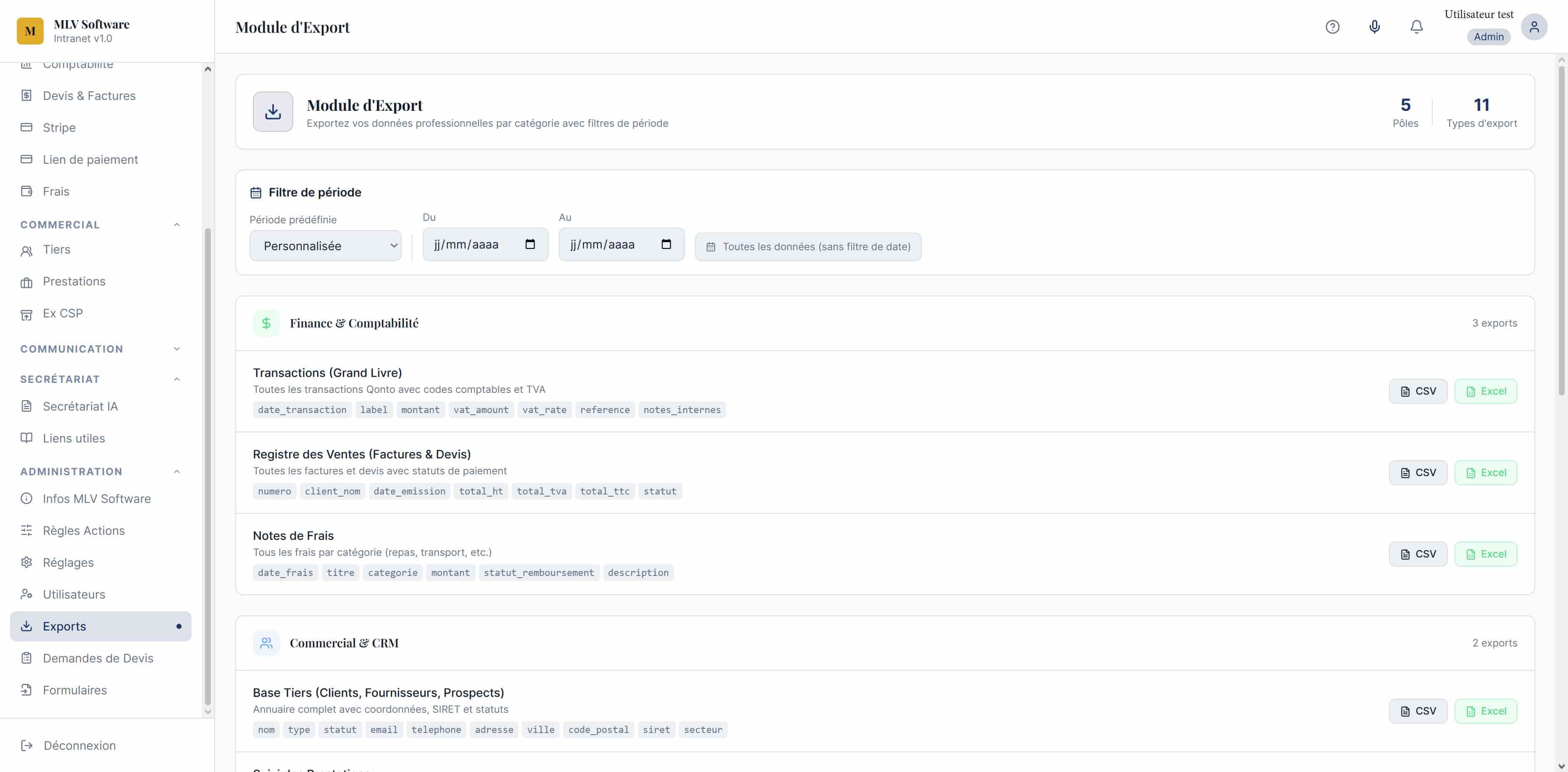 Module d'Export MLV Software : 5 pôles (Finance et Comptabilité, Commercial et CRM, etc.), 11 types d'export disponibles en CSV ou Excel, filtre de période prédéfinie ou personnalisée, colonnes typées.