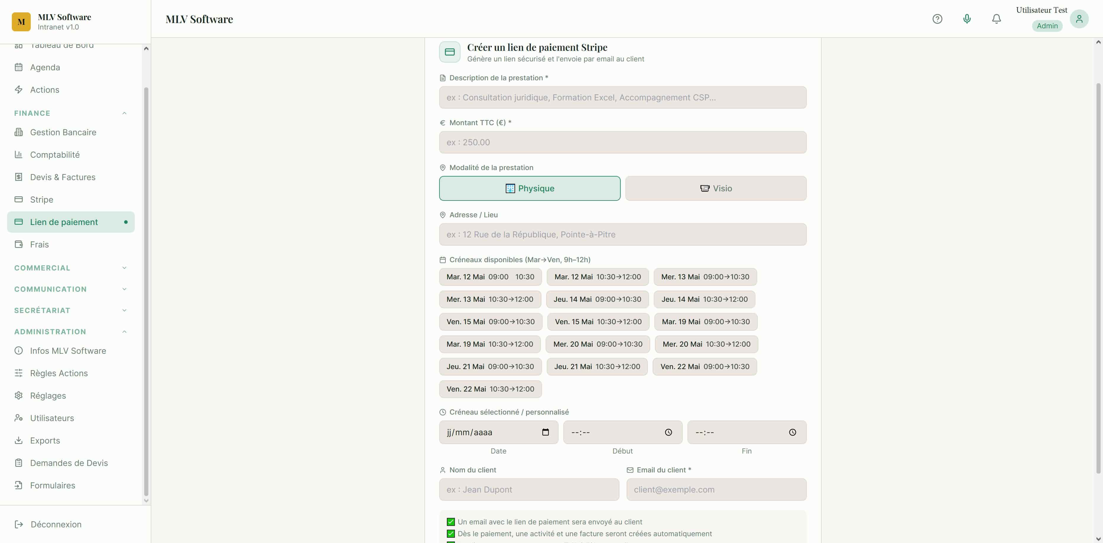 Création d'un lien de paiement Stripe MLV Software : description de la prestation, montant TTC, modalité physique ou visio, créneaux RDV pré-affichés du mardi au vendredi entre 9h et 12h, création automatique d'activité et de facture après paiement.